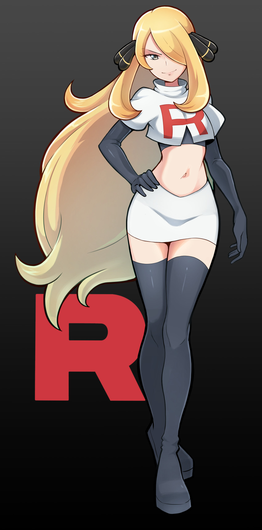 1girl, absurdres, alternate_costume, black_background, black_gloves, black_thighhighs, blonde_hair, closed_mouth