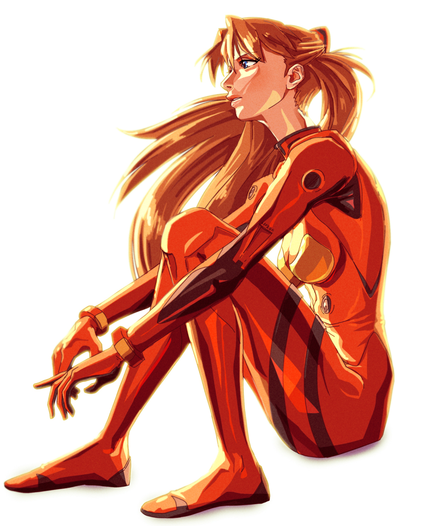 1girl, ass, blue_eyes, bodysuit, breasts, brown_hair, coreymill, floating_hair, full_body, gloves, hair_ornament, highres, lips, long_hair, mecha_pilot_suit, medium_breasts, neon_genesis_evangelion, plugsuit_(evangelion), red_bodysuit, shiny_clothes, simple_background, sitting, skin_tight, solo, souryuu_asuka_langley, white_background, wide_hips