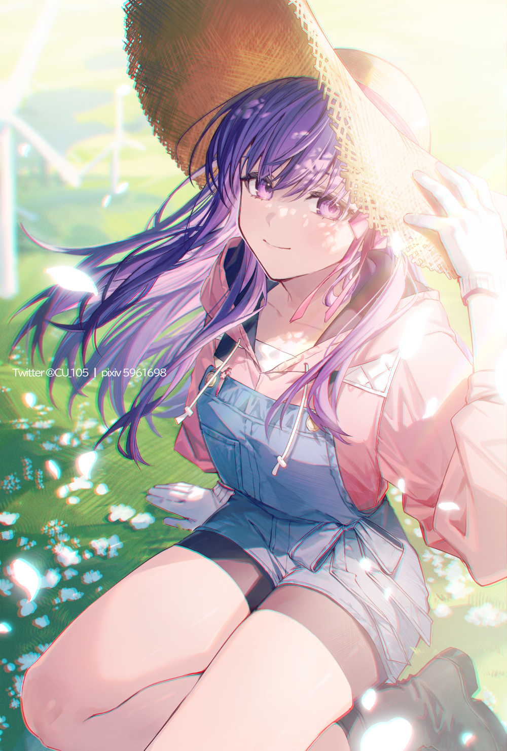 1girl, black_boots, blue_overalls, boots, closed_mouth, collarbone, commentary_request, coyucom