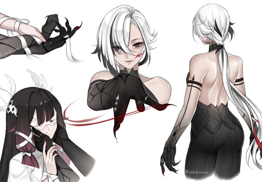 2girls, absurdres, arlecchino_(genshin_impact), ass, backless_outfit, bare_back, bare_shoulders, black_eyes, black_hair, columbina_(genshin_impact), genshin_impact, highres, long_hair, low_ponytail, multicolored_hair, multiple_girls, multiple_views, pinkuma, ponytail, simple_background, standing, streaked_hair, upper_body, very_long_hair, white_background, white_hair