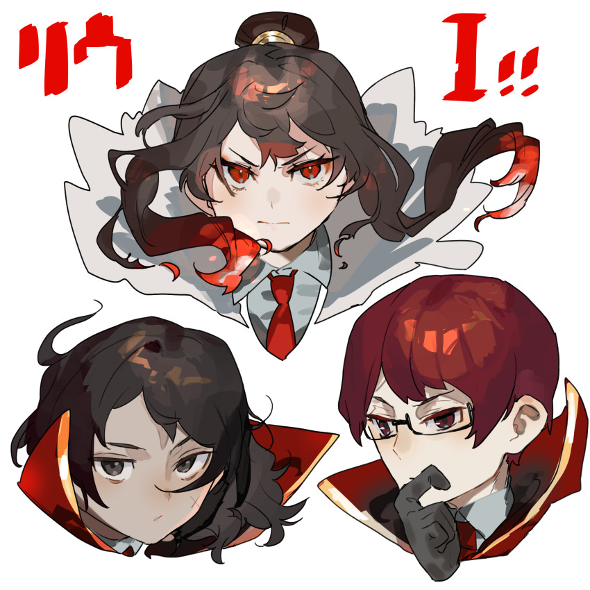 1girl, 2boys, black_eyes, black_gloves, black_hair, brown_hair, cape, chun_(project_moon)