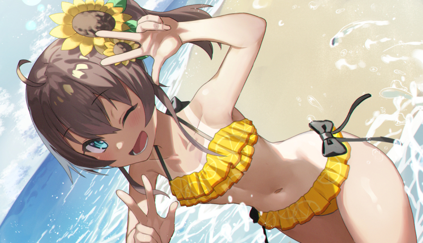 1girl, ;d, ahoge, aqua_eyes, beach, bikini, brown_hair, collarbone, double_w, dutch_angle, flower, frilled_bikini, frills, hair_flower, hair_ornament, hololive, looking_at_viewer, midriff, natsuiro_matsuri, natsuiro_matsuri_(hololive_summer_2019), navel, one_eye_closed, open_mouth, sand, side_ponytail, smile, solo, swimsuit, tan, tanline, tokumaro, virtual_youtuber, w, water