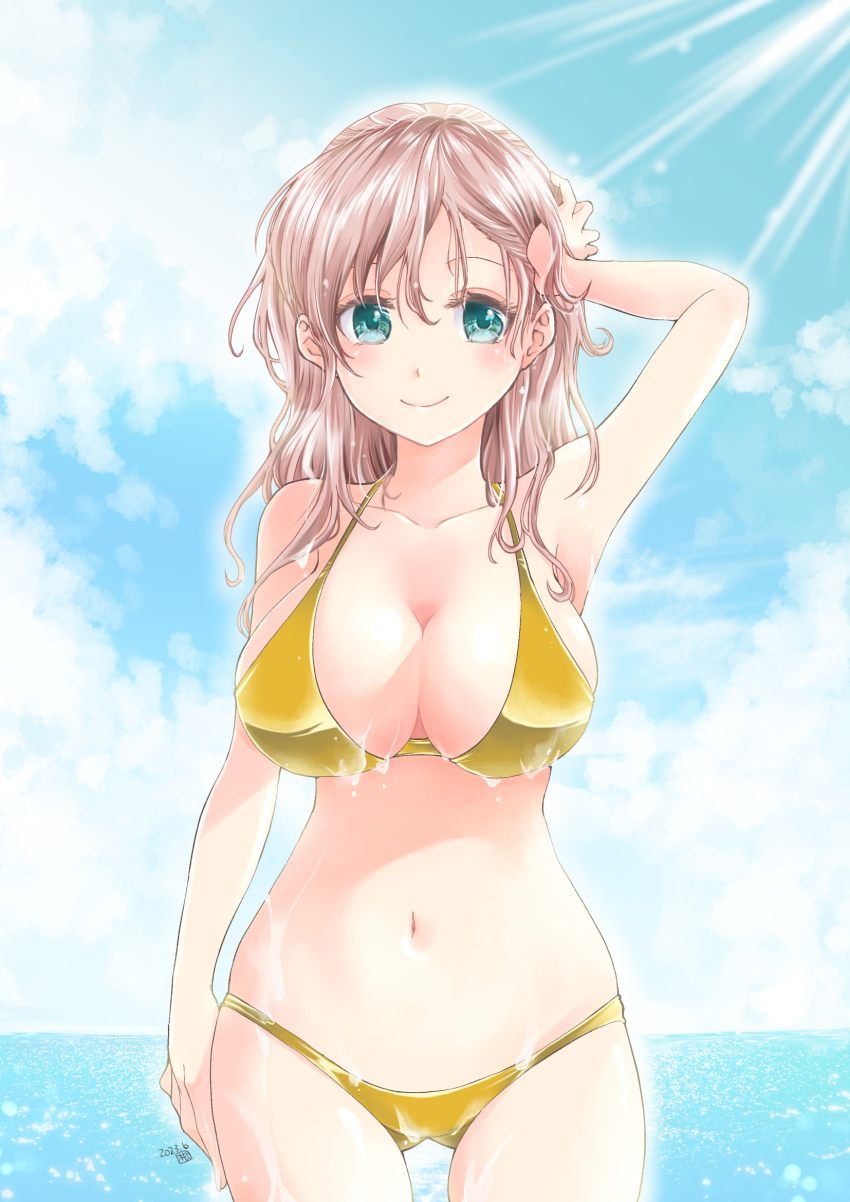 1girl, bikini, blue_sky, breasts, cleavage, cloud, commentary_request, day