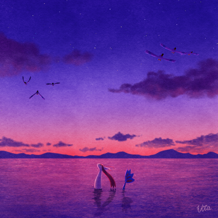 bird, closed_eyes, cloud, commentary_request, gen_3_pokemon, highres, milotic, nintendo, no_humans, outdoors, pokemon, pokemon_(creature), reflection, signature, sky, twilight, uta_(pixiv_4699580), water, wingull