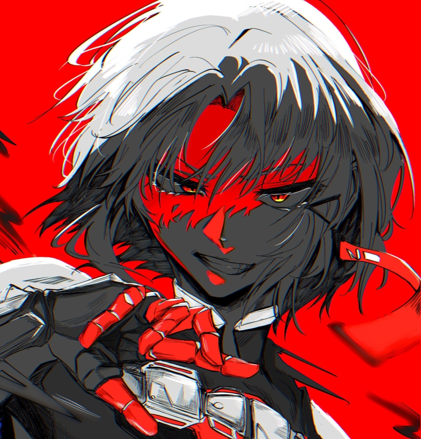 1girl, armor, armored_gloves, bare_shoulders, black_gloves, breastplate, chromatic_aberration, close-up