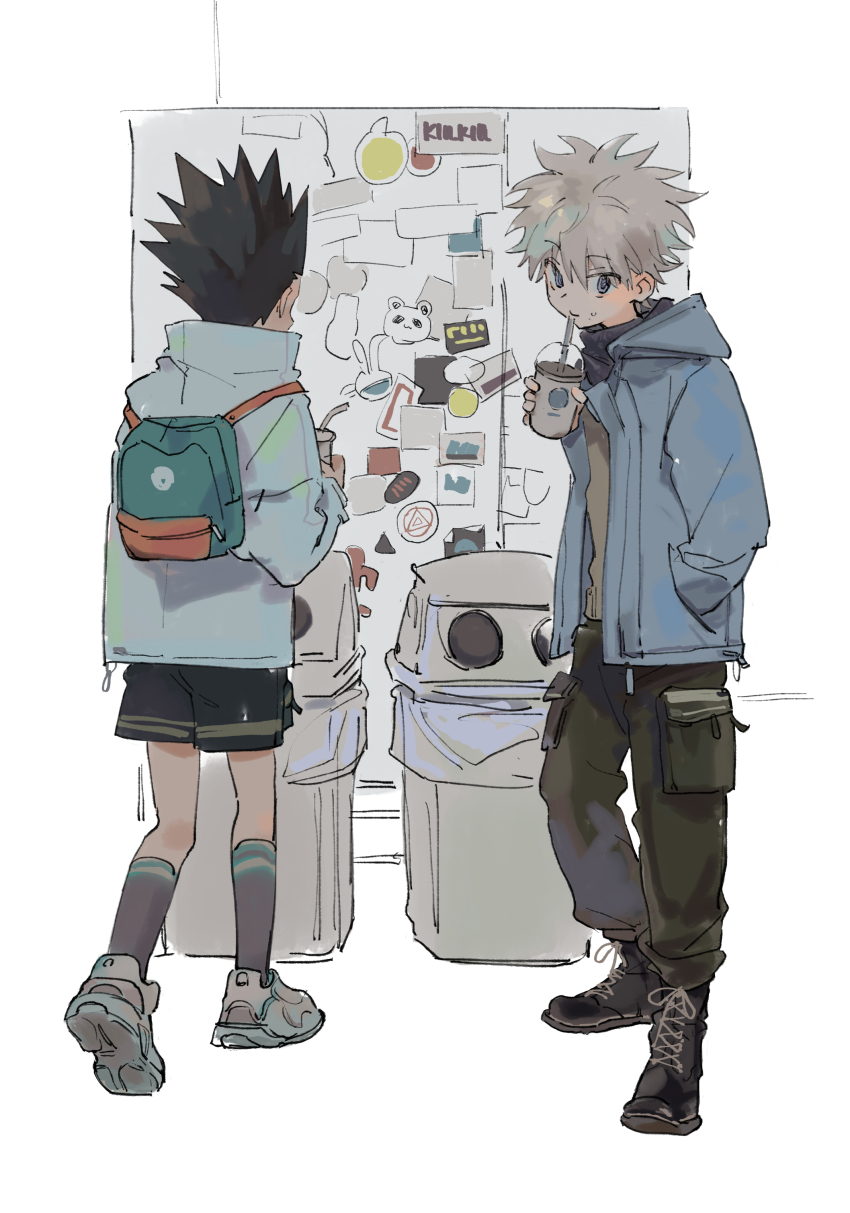 2boys, 4sssst, absurdres, alternate_costume, backpack, bag, baggy_pants, black_hair, child, cup, disposable_cup, drinking_straw, full_body, gon_freecss, highres, holding, holding_cup, hunter_x_hunter, jacket, killua_zoldyck, long_sleeves, looking_at_viewer, male_focus, multiple_boys, pants, short_hair, shorts, simple_background, spiked_hair, sticker, trash_can, white_background, white_hair, white_jacket