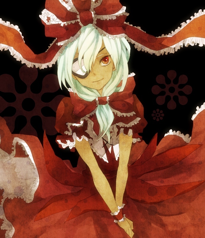 1boy, bad_id, bad_pixiv_id, bow, cosplay, crossover, dress, eyepatch