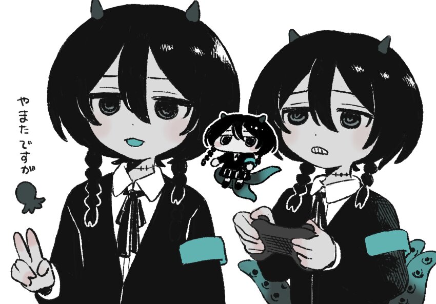 1girl, armband, asymmetrical_hair, black_eyes, black_hair, black_jacket, black_ribbon, black_skirt