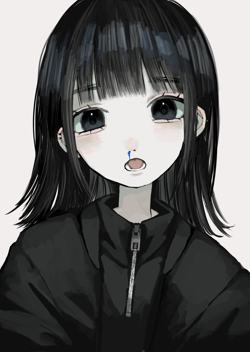 1girl, aegyo_sal, black_eyes, black_hair, black_jacket, black_sweater, blood, blue_blood
