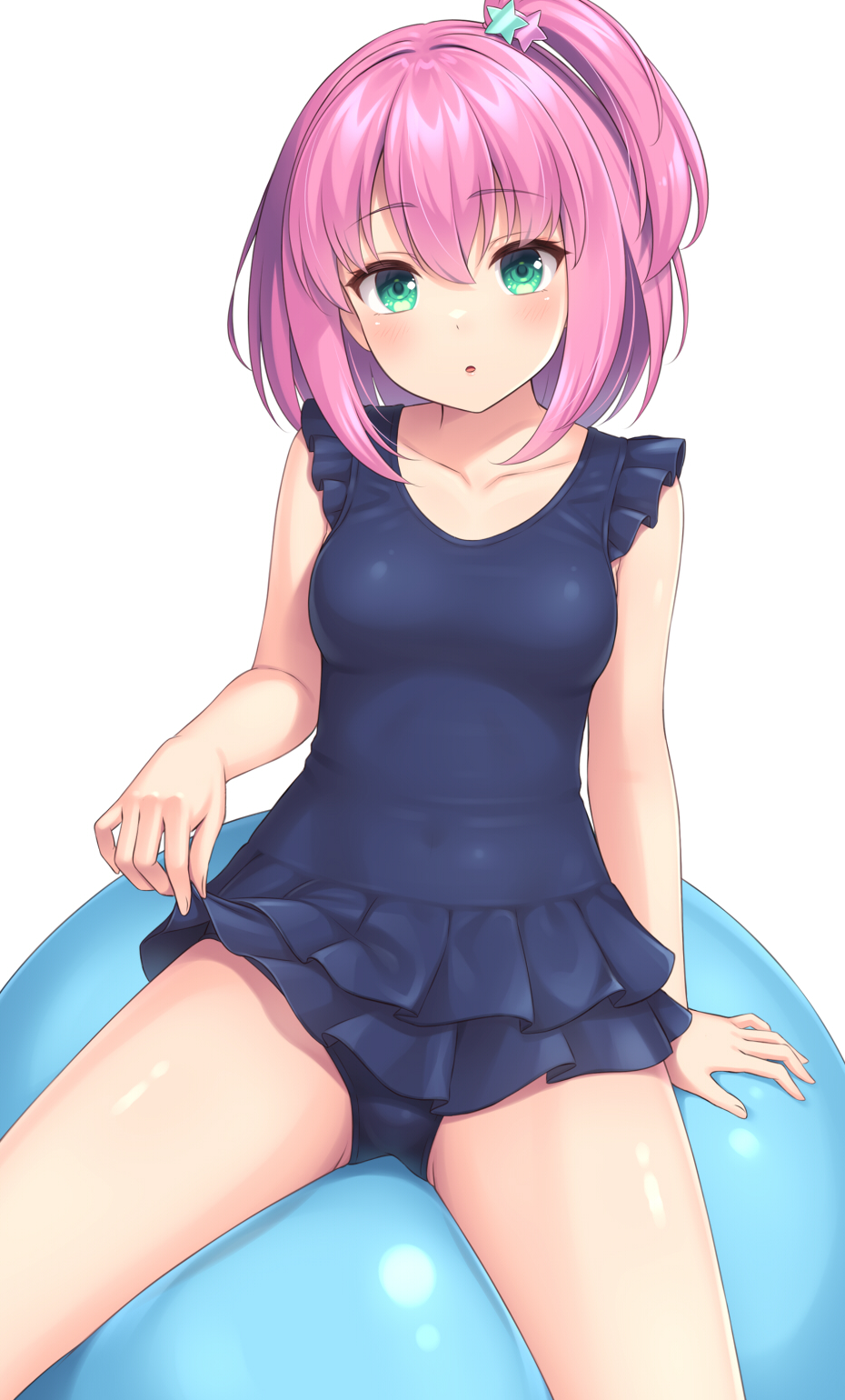 1girl, arm_support, balloon, blue_one-piece_swimsuit, breasts, collarbone, commentary, covered_navel