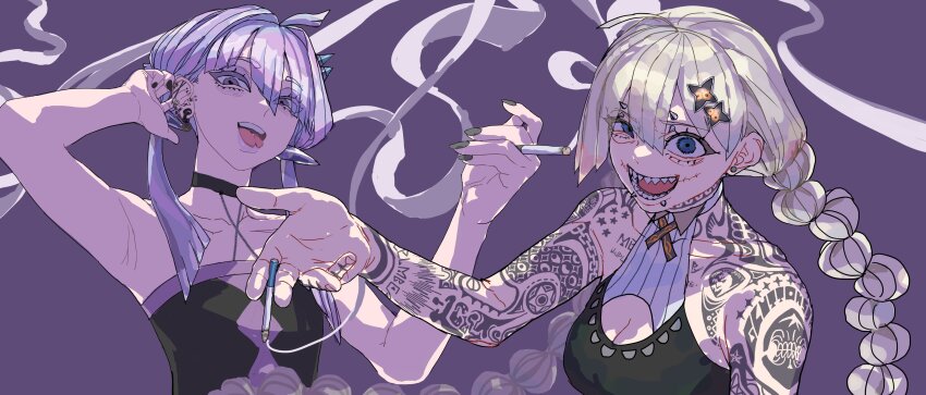 2girls, absurdres, adapted_costume, ahoge, arm_tattoo, armpits, bags_under_eyes, barbell_piercing