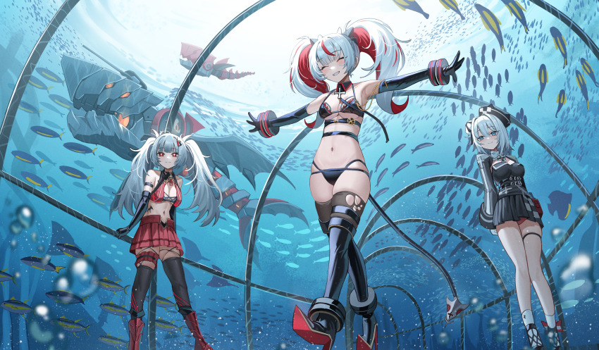 +_+, 3girls, absurdres, aquarium, aquarium_tunnel, armpits, azur_lane, bikini