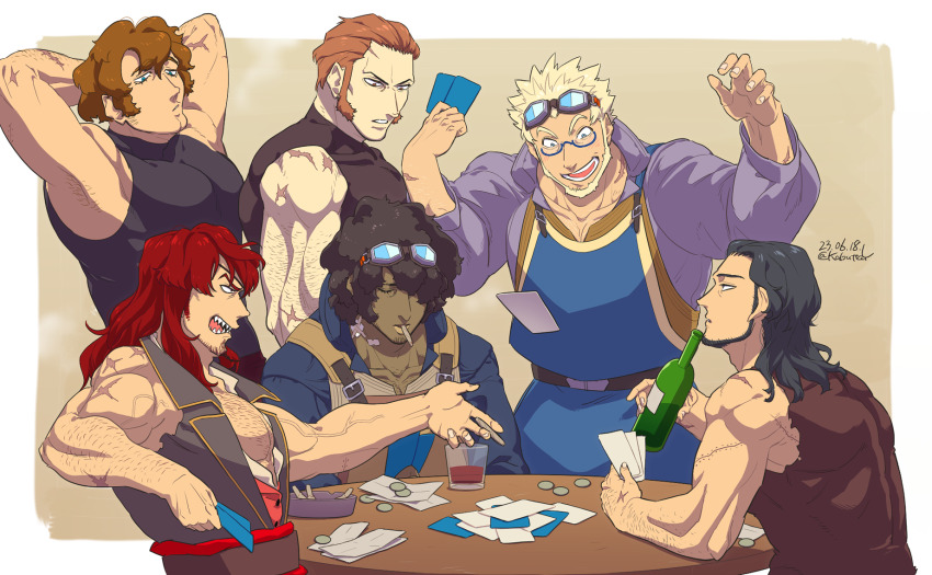 6+boys, arms_behind_head, ballista_(sekaiju), ballista_1_(sekaiju), ballista_3_(sekaiju), bara, beard, black_hair