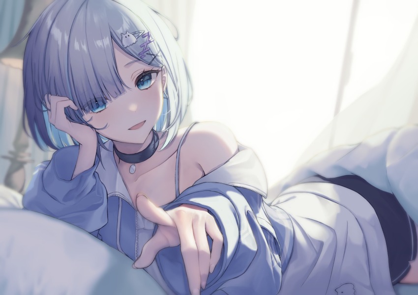 1girl, absurdres, aruto_araragi, bed, black_choker, black_shorts, blue_eyes, blue_hair