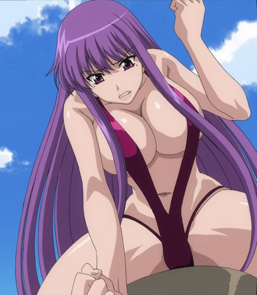 1girl, anime_screenshot, breasts, cleavage, etou_fujiko, female_focus, highres, ichiban_ushiro_no_daimaou, large_breasts, long_hair, mole, mole_under_each_eye, mole_under_eye, multiple_moles, navel, purple_eyes, purple_hair, slingshot_swimsuit, solo, stitched, swimsuit, third-party_edit, very_long_hair
