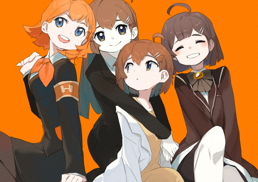 4girls, absurdres, ahoge, black_jacket, black_pants, blue_eyes, brown_coat, brown_hair