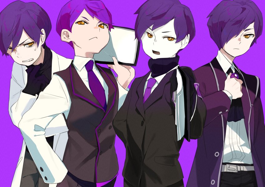 4boys, absurdres, ascot, black_jacket, black_pants, black_sweater, black_vest, book