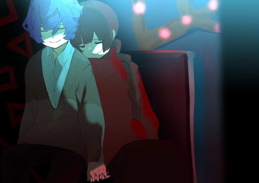 1boy, 1girl, absurdres, braid, braided_ponytail, brown_hair, brown_sweater, closed_eyes