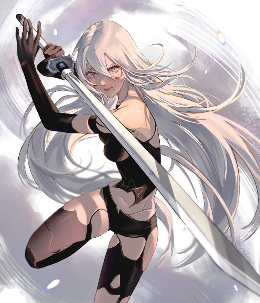 1girl, a2_(nier:automata), android, armlet, bare_shoulders, black_gloves, black_shorts, black_tank_top