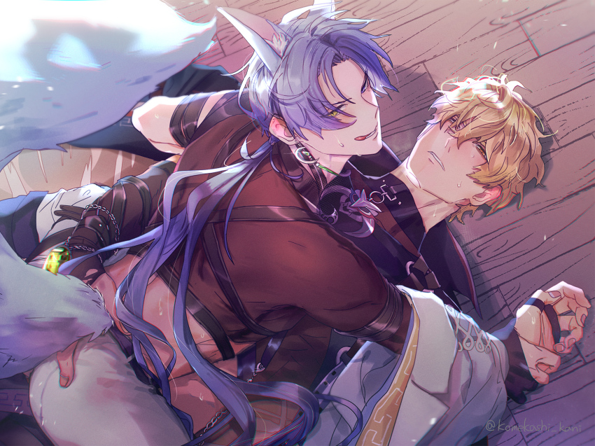2boys, animal_ears, bags_under_eyes, bishounen, black_gloves, blonde_hair, blush, fox_boy