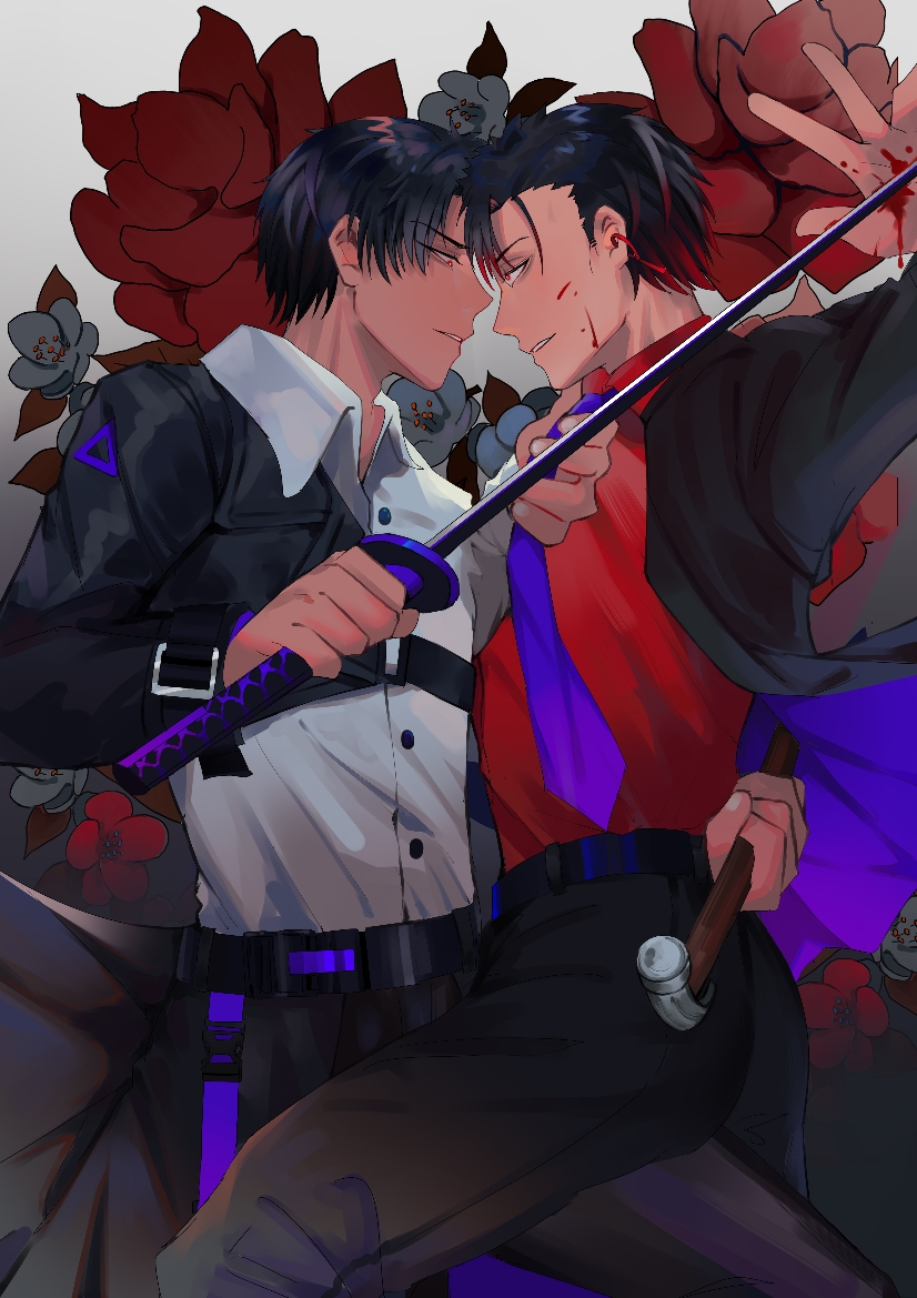 2boys, black_hair, black_pants, bleeding, blood, blood_on_face, blood_on_hands, blue_necktie