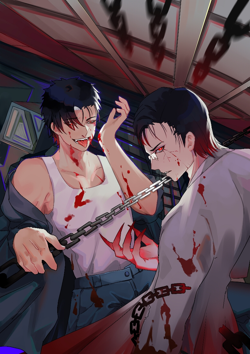 2boys, black_hair, black_jacket, blood, blood_on_clothes, blood_on_face, chain, chen_ge, doufujintianxianle, gao_ming, glasses, gradient_hair, indoors, jacket, lab_coat, multicolored_hair, multiple_boys, my_house_of_horrors, red_eyes, shirt, short_hair, sleeveless, sleeveless_shirt, tongue, tongue_out