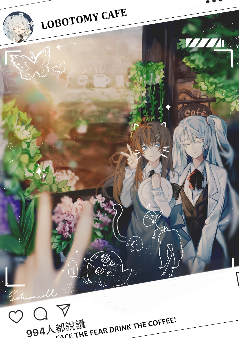 2girls, angela_(project_moon), apron, armband, big_bird_(project_moon), black_armband, black_necktie, black_ribbon