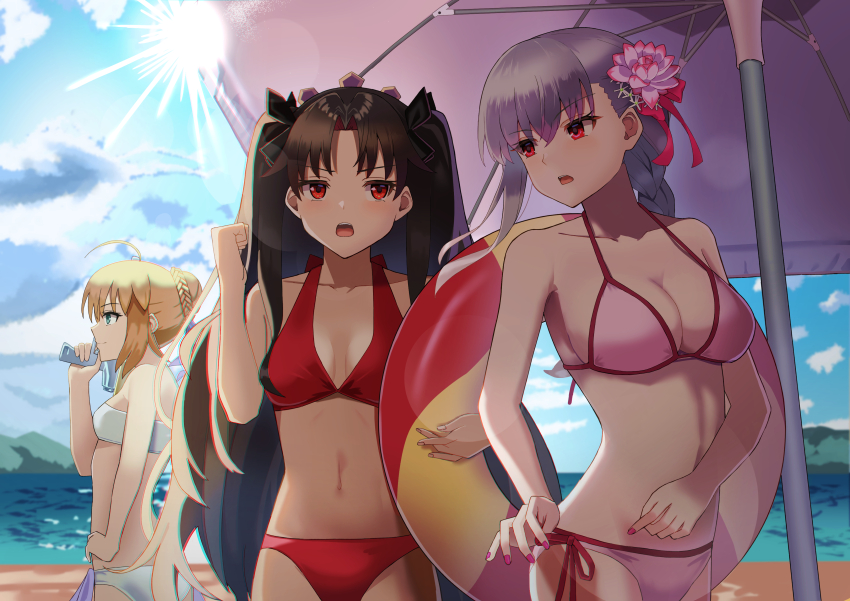 3girls, absurdres, ahoge, alternate_costume, artoria_pendragon_(fate), artoria_pendragon_(swimsuit_archer)_(fate), beach, bikini