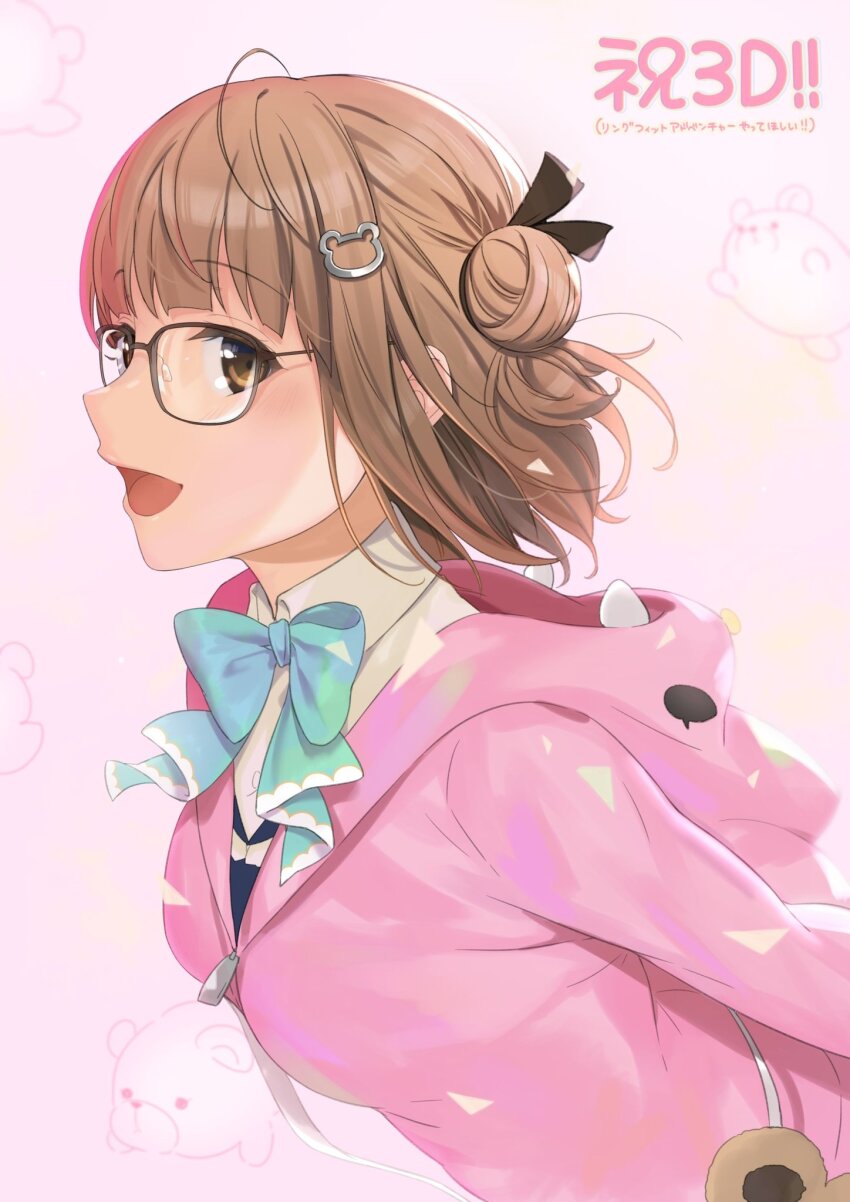 1girl, azuki_yui, black_ribbon, blue_bow, blue_bowtie, bow, bowtie, brown_eyes