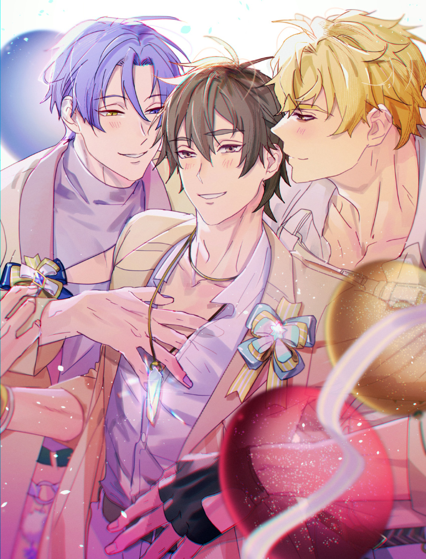 3boys, bags_under_eyes, bishounen, black_gloves, blonde_hair, brown_eyes, brown_hair, eiden_(1st_anniversary)_(nu_carnival)