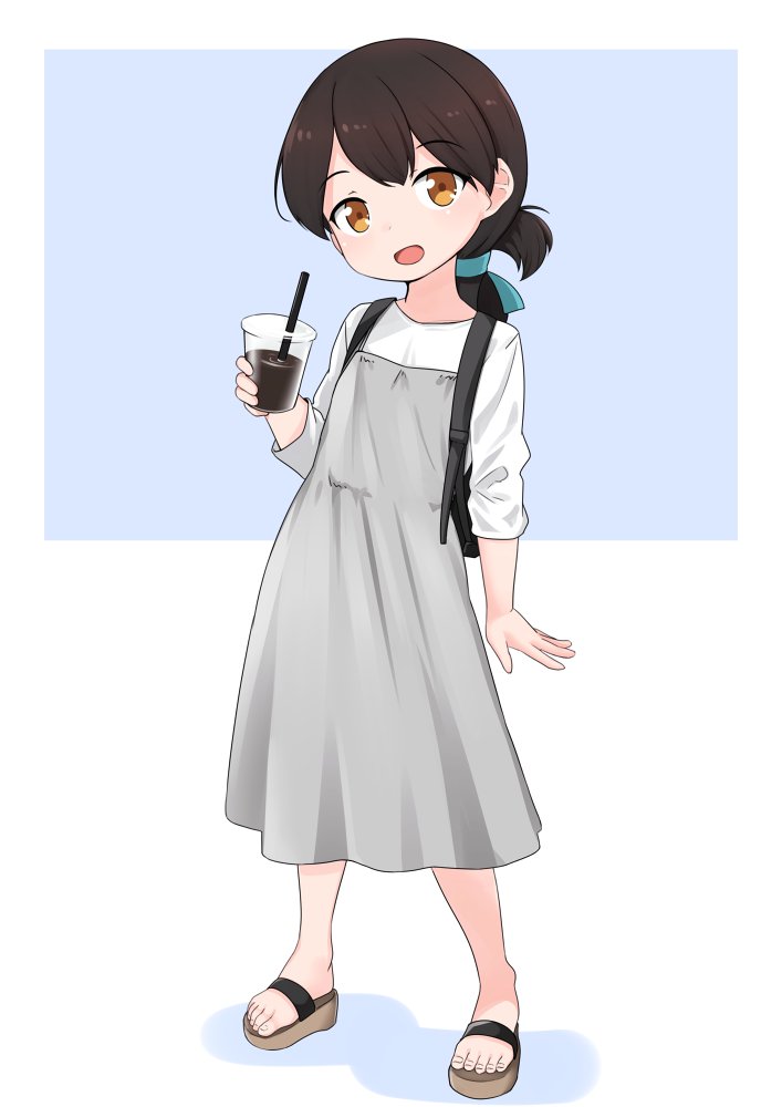 1girl, aqua_ribbon, backpack, bag, black_bag, brown_eyes, brown_hair, child, commentary_request, cup, double-parted_bangs, dress, drinking_straw, grey_dress, hair_ribbon, holding, holding_cup, kantai_collection, kasuga_maru_(kancolle), kasuga_maru_(sasebo)_(kancolle), legs, long_hair, long_sleeves, looking_at_viewer, medium_dress, nassukun, open_mouth, pinafore_dress, ponytail, ribbon, sandals, shirt, sleeveless, sleeveless_dress, solo, toenails, toes, white_shirt