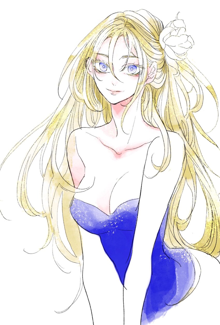1girl, absurdres, blonde_hair, blue_eyes, breasts, cleavage, closed_mouth, dress