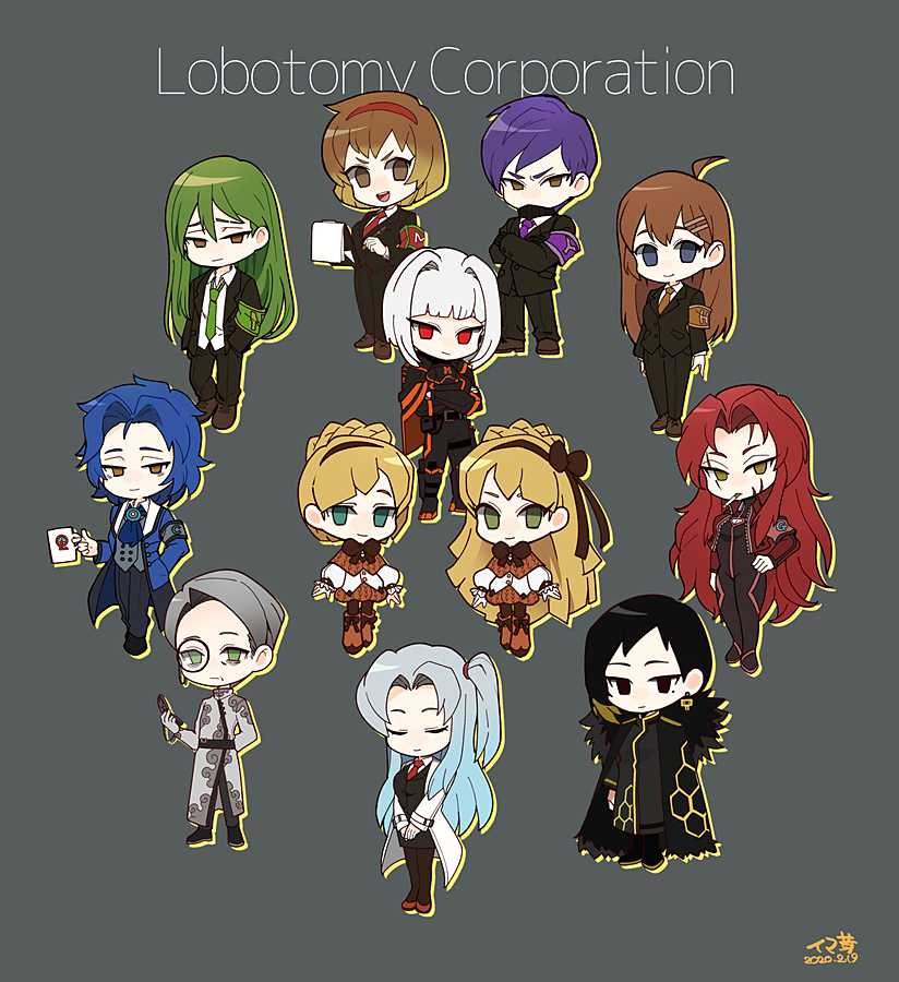 5boys, 6+girls, ahoge, angela_(project_moon), aqua_eyes, arm_behind_back, armband, belt