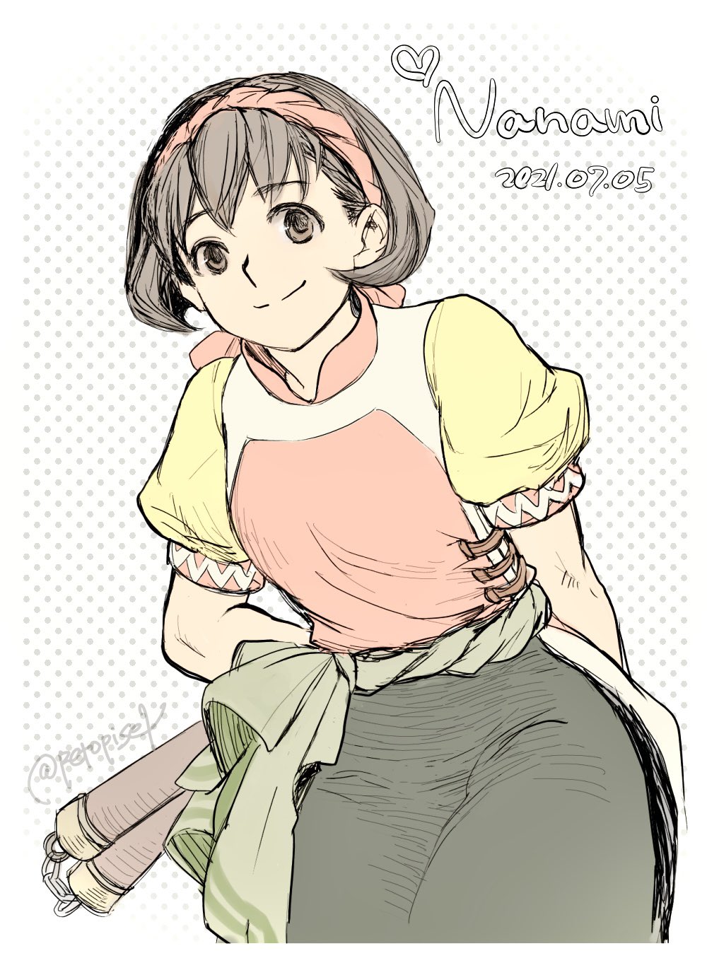 1girl, arms_behind_back, brown_eyes, brown_hair, closed_mouth, dated, gensou_suikoden, gensou_suikoden_ii, hairband, highres, holding, looking_at_viewer, nanami_(suikoden), nunchaku, pants, petopise1, shirt, short_hair, smile, twitter_username, weapon, white_background