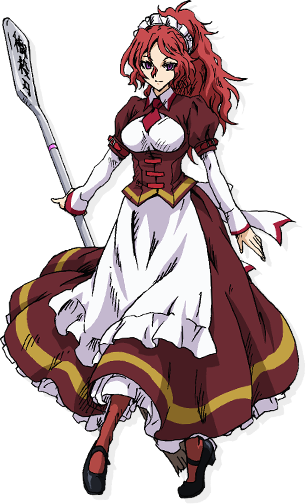 1girl, apron, breasts, brown_eyes, dress, full_body, gonzo_(studio), holding, holding_weapon, inu_to_hasami_wa_tsukaiyou, large_breasts, long_skirt, maid, maid_headdress, moribe_sachi, necktie, official_art, red_hair, red_socks, shoes, skirt, smile, socks, transparent_background, weapon