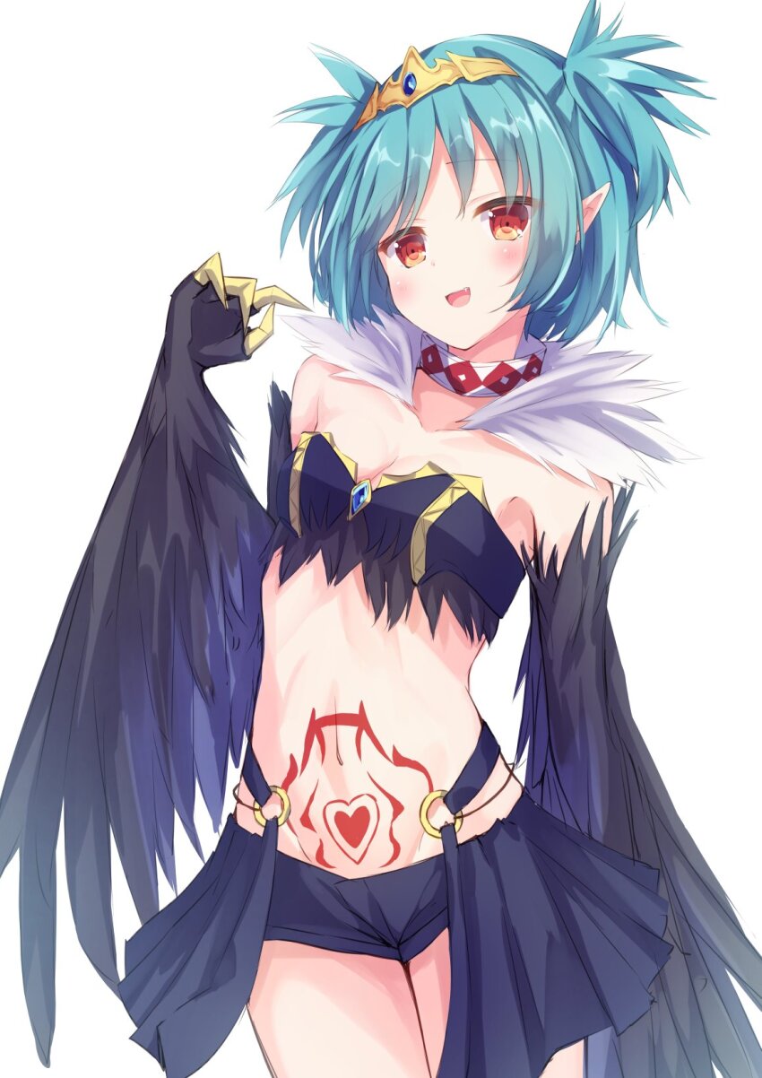 1girl, bird_legs, black_feathers, black_wings, blush, breasts, claws, cleavage