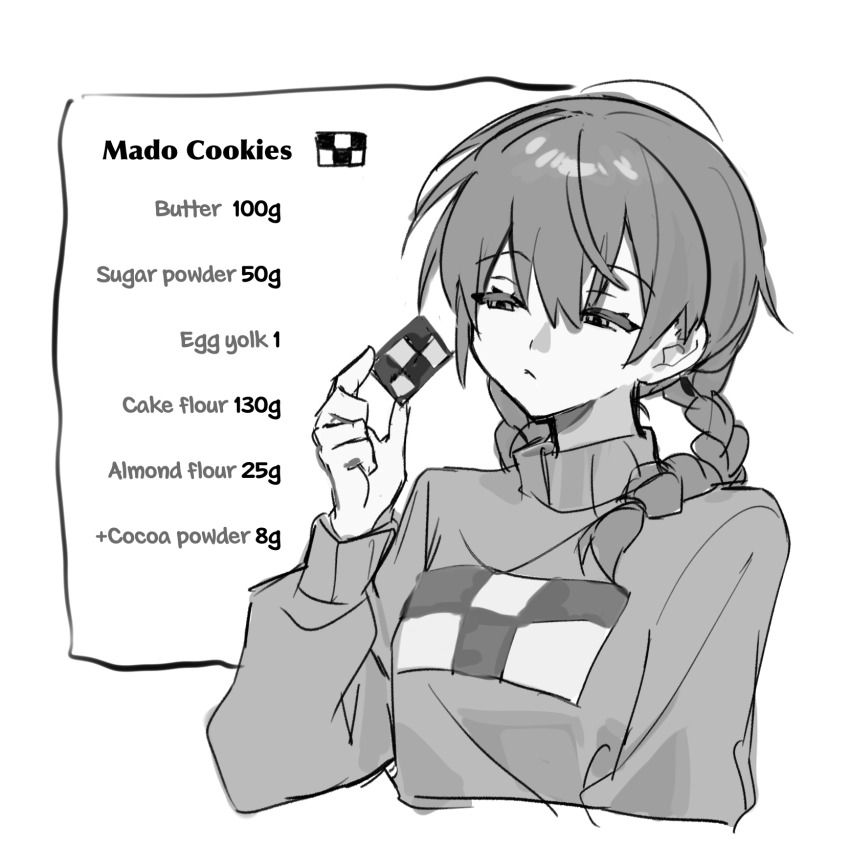 1girl, braid, character_name, closed_mouth, commentary_request, cookie, cropped_torso, english_text