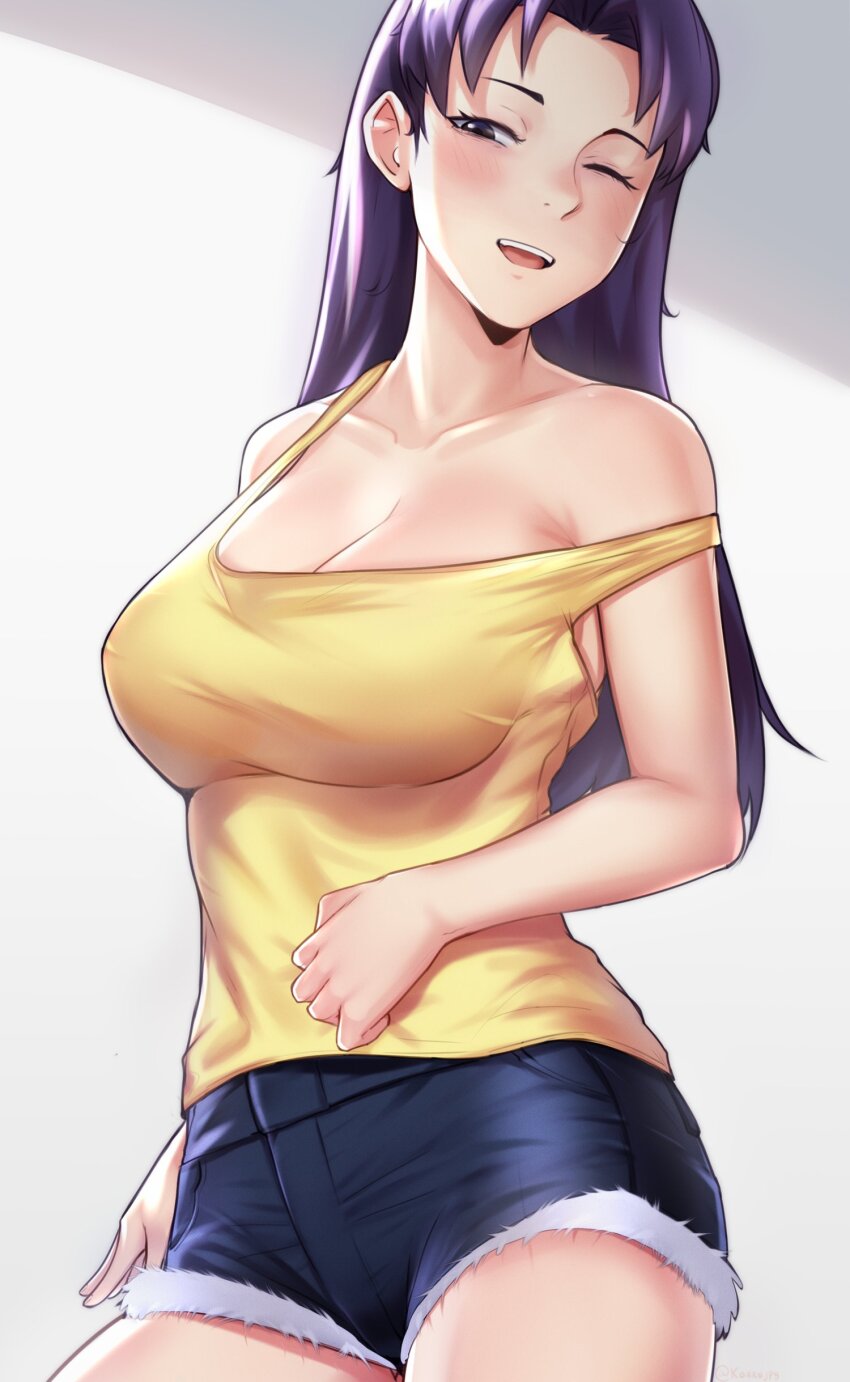 1girl, absurdres, armpit_crease, bare_shoulders, blue_shorts, blush, breasts, cleavage, collarbone, commentary, cowboy_shot, grey_background, grey_eyes, highres, impossible_clothes, katsuragi_misato, koarujpg, large_breasts, leaning_back, long_hair, looking_at_viewer, neon_genesis_evangelion, one_eye_closed, open_mouth, parted_bangs, purple_hair, romaji_commentary, shadow, short_shorts, shorts, solo, strap_slip, tank_top, teeth, torn_clothes, torn_shorts, twitter_username, upper_teeth_only, yellow_tank_top