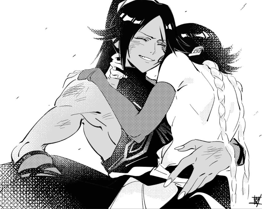 2girls, bleach, carrying, carrying_person, cuddling, ebi_draw, hug, multiple_girls, shihouin_yoruichi, smile, sui-feng, yuri