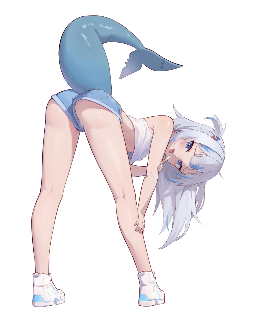 1girl, absurdres, ass, bare_legs, bare_shoulders, bent_over, blue_eyes, blue_hair, blunt_bangs, blush, commentary, crop_top, denim, denim_shorts, english_commentary, fang, female_focus, fins, fish_tail, from_behind, full_body, gawr_gura, grey_hair, hair_ornament, hand_on_own_leg, highres, hirotaka0125, hololive, hololive_english, kneepits, leaning_forward, loli, looking_at_viewer, looking_back, medium_hair, multicolored_hair, naughty_face, open_mouth, saliva, saliva_trail, shark_girl, shark_tail, shoes, short_shorts, shorts, simple_background, sneakers, solo, streaked_hair, tail, tongue, tongue_out, two_side_up, virtual_youtuber, white_background, white_shoes