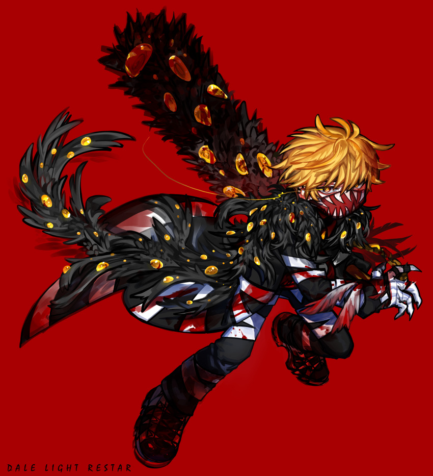 1boy, bandages, black_coat, black_pants, black_shoes, blonde_hair, blood, blood_on_clothes, bloody_weapon, coat, commentary_request, e.g.o_(project_moon), employee_(project_moon), feather-trimmed_coat, feather_trim, highres, lobotomy_corporation, male_focus, mask, mouth_mask, nugget_(project_moon), pants, project_moon, red_background, red_mask, shoes, short_hair, shot_(urem), simple_background, solo, twilight_(e.g.o), weapon, yellow_eyes