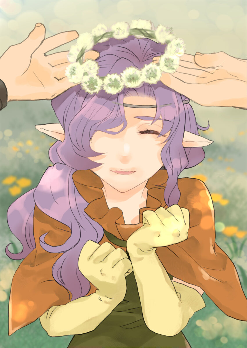 1girl, circlet, disembodied_hand, dress, elbow_gloves, elf, flower, gensou_suikoden