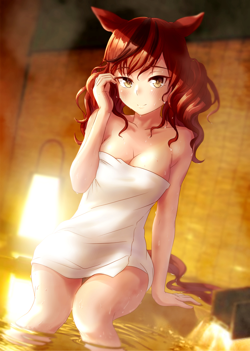 1girl, absurdres, alternate_hairstyle, animal_ears, blurry, blurry_background, blush, breasts