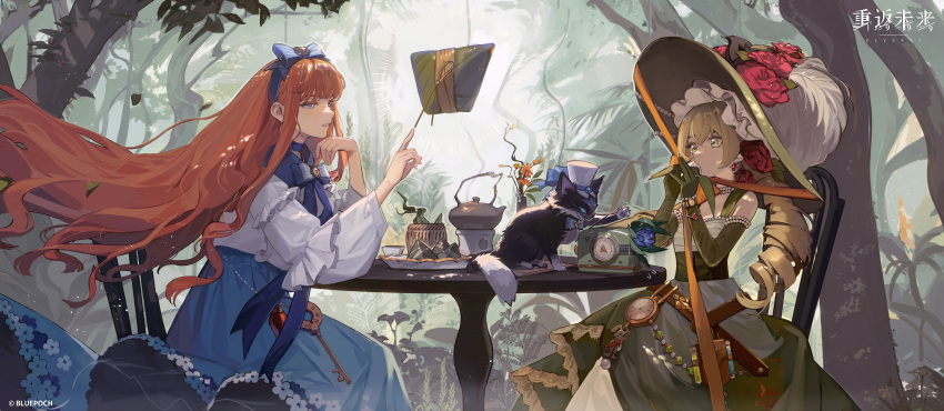 2girls, absurdres, baby_blue, bare_shoulders, belt_pouch, black_cat, blonde_hair, blue_bow