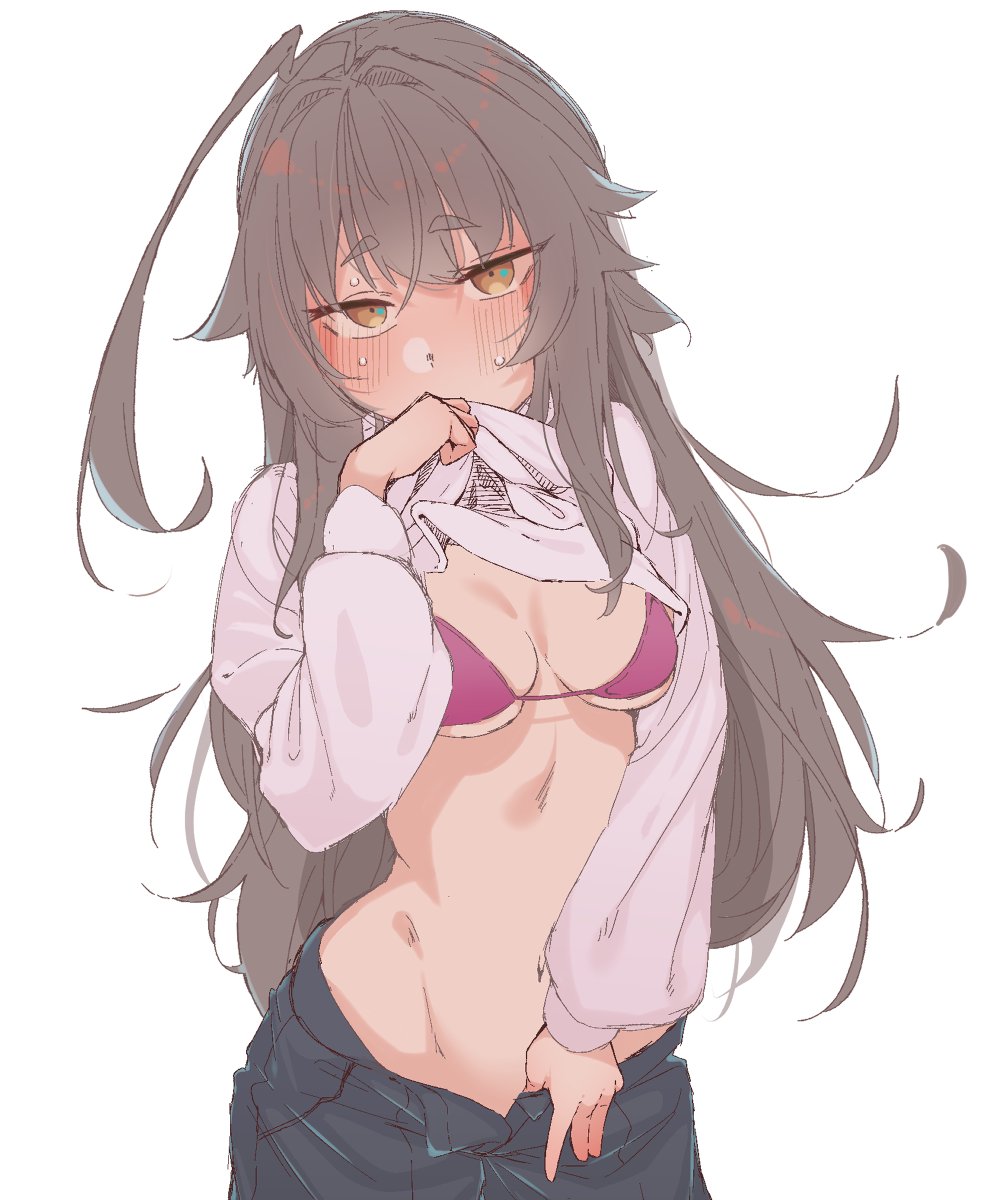 1girl, ahoge, bikini, blush, breasts, brown_eyes, brown_hair, clothes_lift
