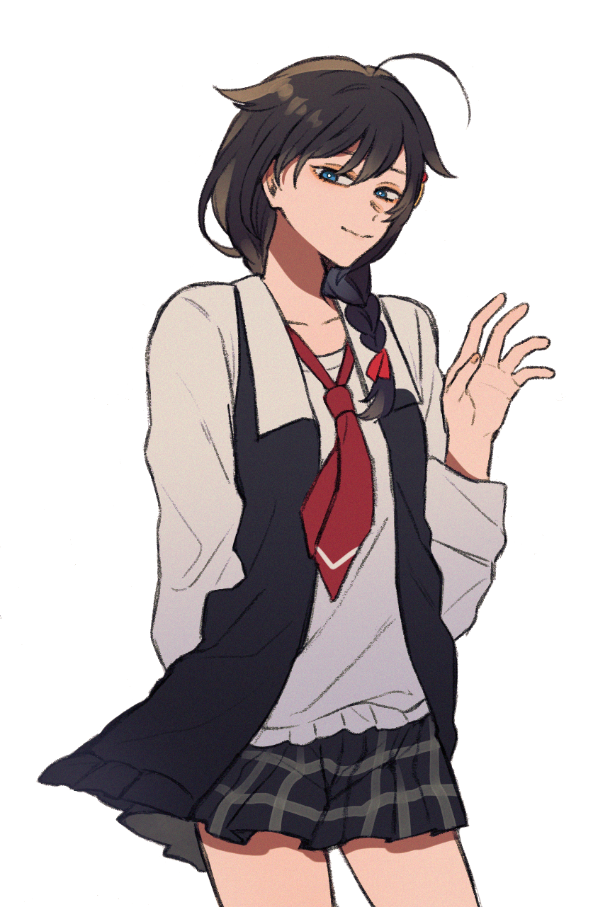 1girl, ahoge, arm_behind_back, black_hair, braid, brown_hair, closed_mouth, hair_over_shoulder