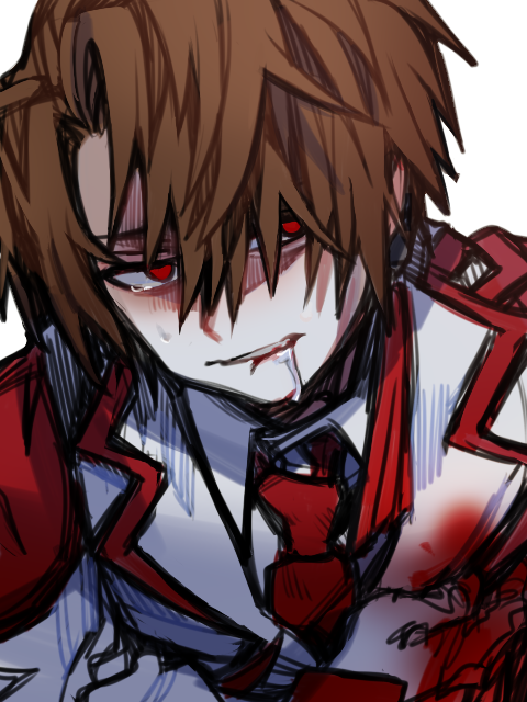 1boy, armor, blood, blood_on_clothes, brown_hair, collared_shirt, commentary_request, drooling