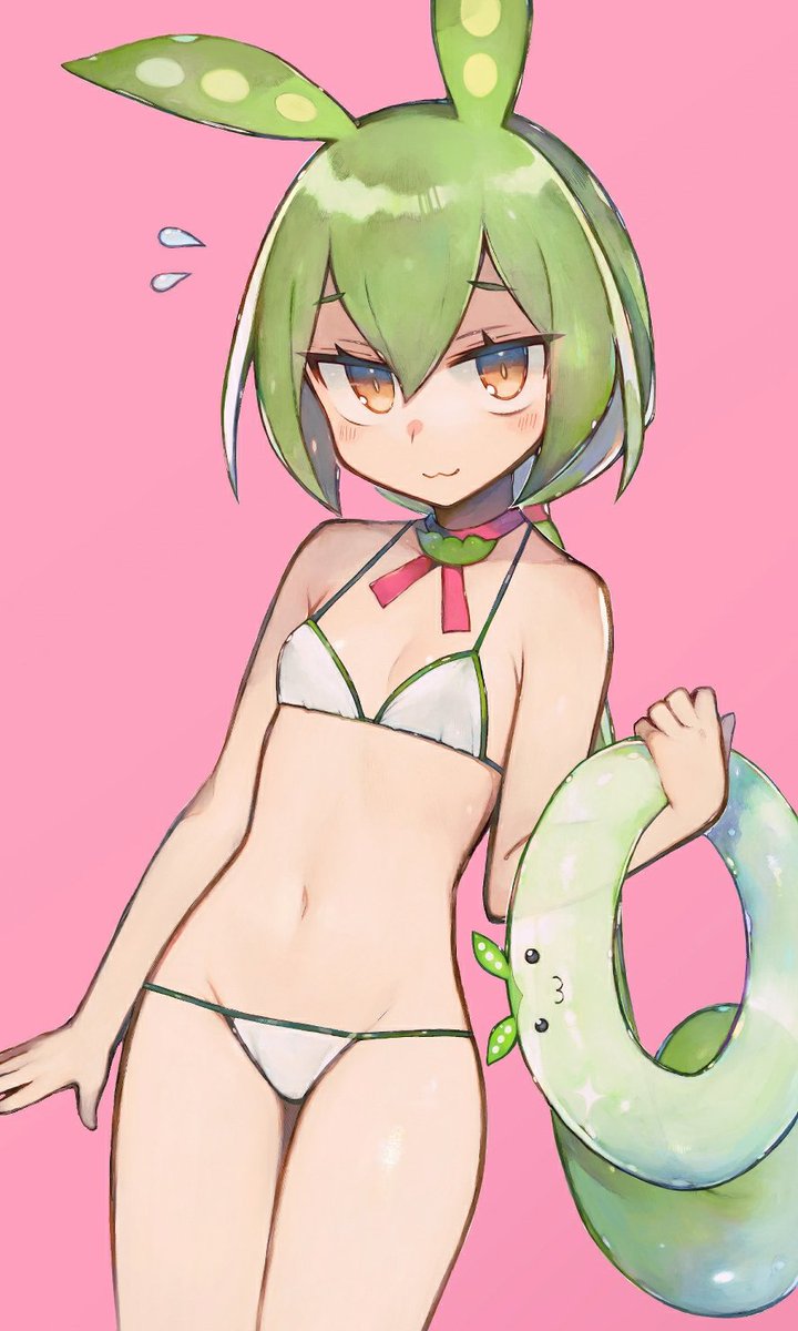 1girl, :3, babayaga_13lood, bikini, blush, breasts, flying_sweatdrops, green_hair