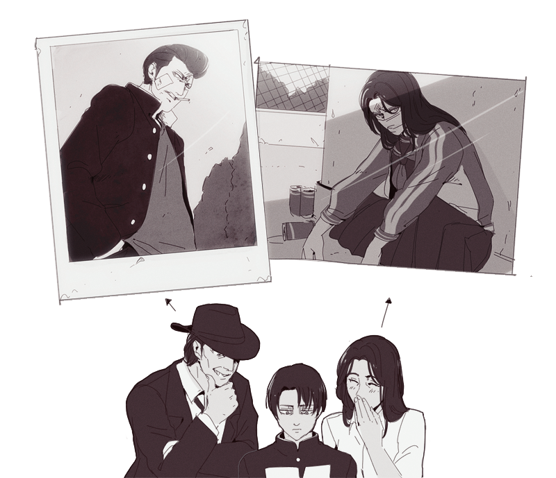 1girl, 2boys, aged_down, alternate_universe, arrow_(symbol), banchou, bandaid, bandaid_on_cheek