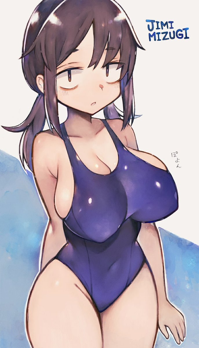 1girl, arm_behind_back, babayaga_13lood, bags_under_eyes, black_hair, blush, breasts, brown_eyes, brown_hair, cleavage, covered_navel, highres, jimiko, large_breasts, looking_at_viewer, low_twintails, one-piece_swimsuit, original, parted_lips, sidelocks, simple_background, skin_tight, solo, swimsuit, twintails
